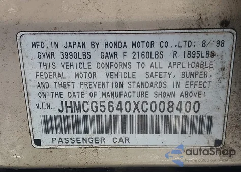 1999 Honda Accord Lx z USA, uszkodzony, nr VIN JHMCG5640XC008400
